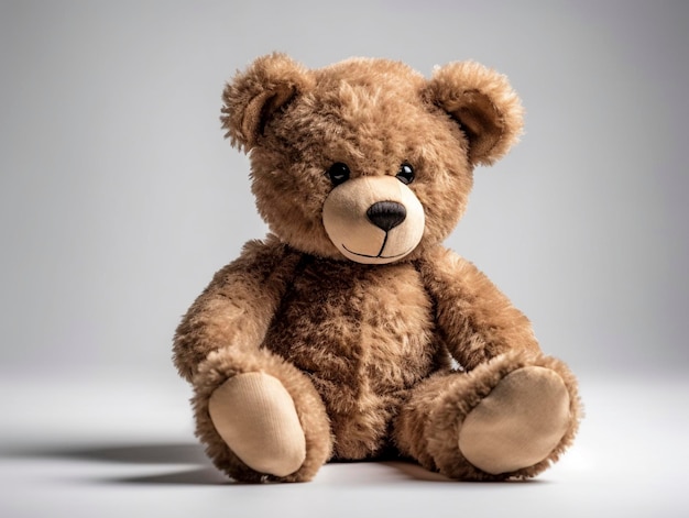 A brown teddy bear sits on a gray background.