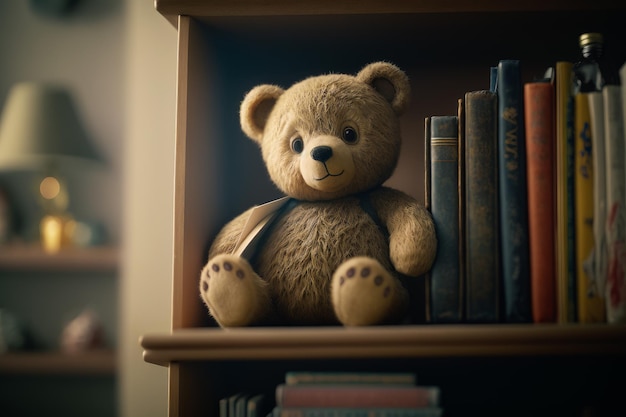 Brown teddy bear sitting on top of book shelf next to pile of books Generative AI