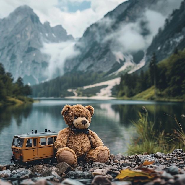 Photo brown teddy bear on a train by the water