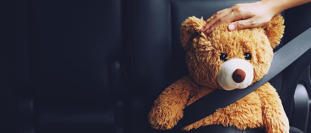 Brown teddy bear wearing car seat belt