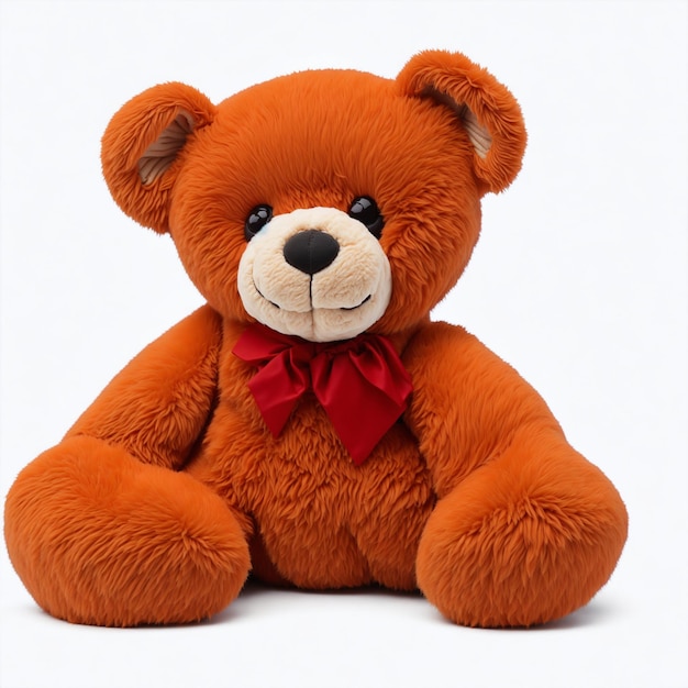 a brown teddy bear with a red bow on its neck