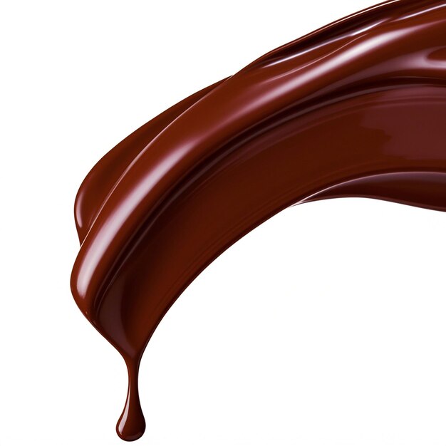 a brown tube of chocolate sauce is dripping down the side of a white background