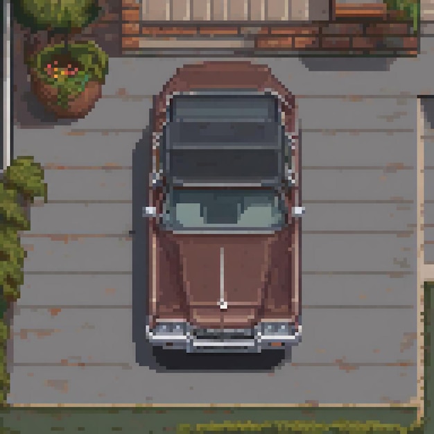 Brown vintage car in front of a quaint house pixel art style