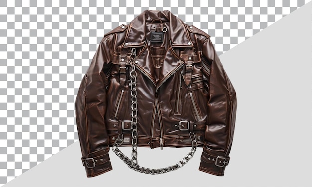 Brown Vintage Leather Jacket with Chains on Transparent Background