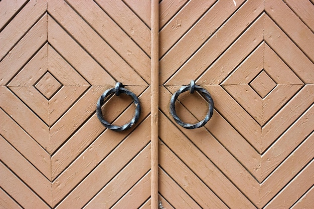 Brown vintage wooden gate with iron rings on the background