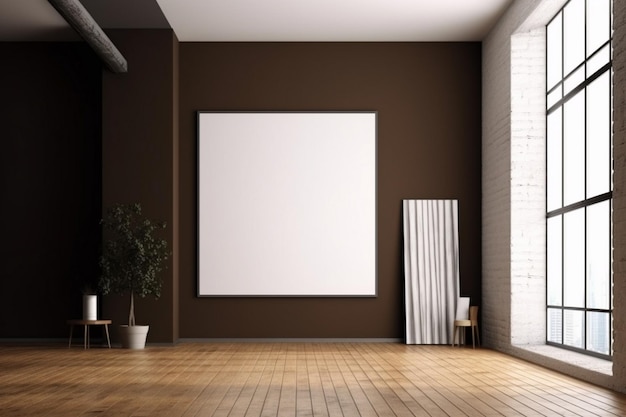 A brown wall with a white frame on it and a plant on the right side.