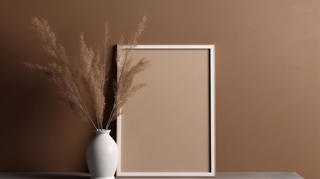 A brown wall with a white vase and a white vase with flowers in it.