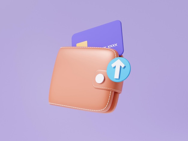 Brown wallet icon concept floating with grow arrow debit credit card finance shopping online payments exchange on isolated purple background banner minimal cartoon 3d render illustration