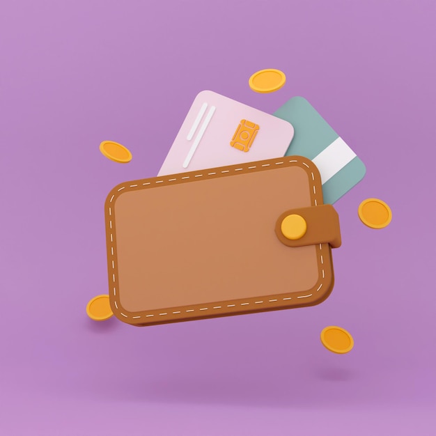 Brown wallet with banknotes and bank cards. Financial transactions concept. 3d render illustration.