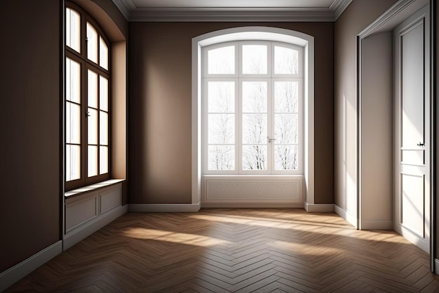 Brown walls glossy parquet flooring a large fullwall window a white door