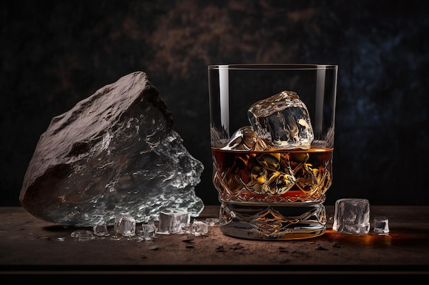 Brown whiskey with ice on a dark background with a decorative stone Generative AI