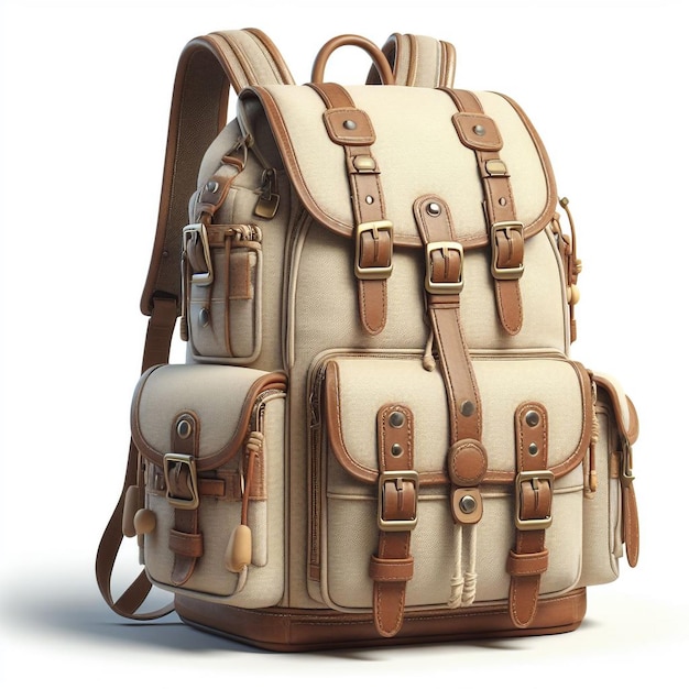 a brown and white backpack with a brown strap that saysson it