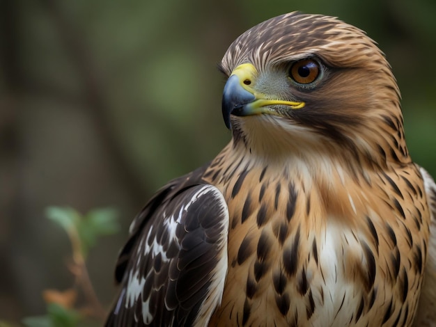 a brown and white bird with a yellow beak and a black and white speckled head