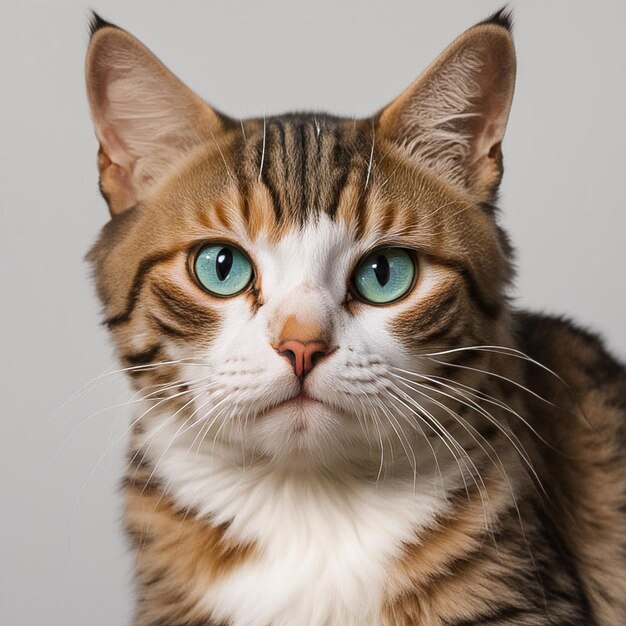 a brown and white cat with green eyes and a white stripe