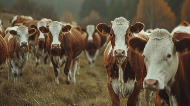 Brown and white cattle walking on pasture farm animals