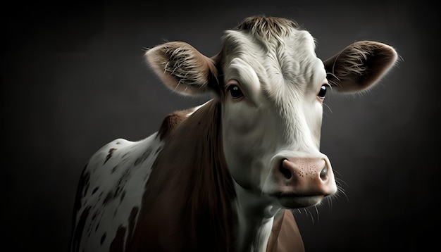 A brown and white cow is shown with a black background.