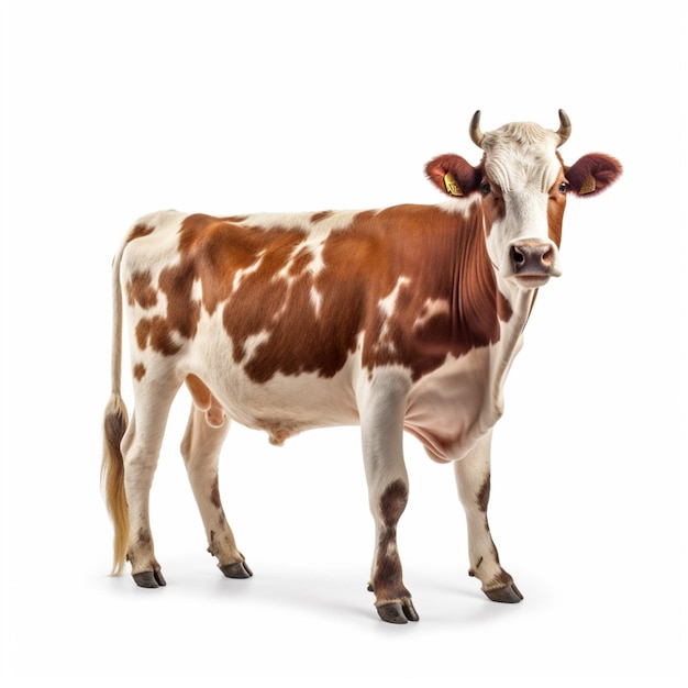 A brown and white cow with a tag on its ear is standing in front of a white background.