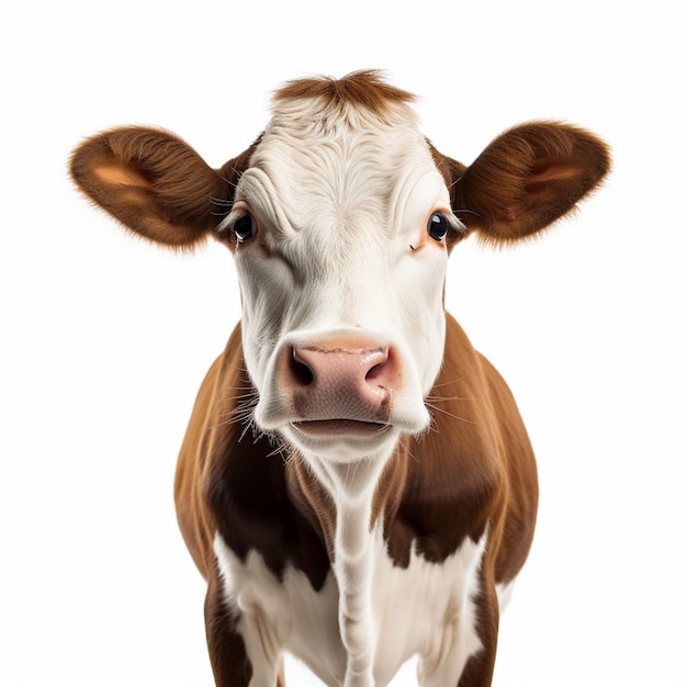 a brown and white cow with a white face and brown ears.