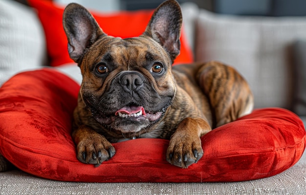 A brown and white dog is laying on a red cushion The dog is smiling and he is happy