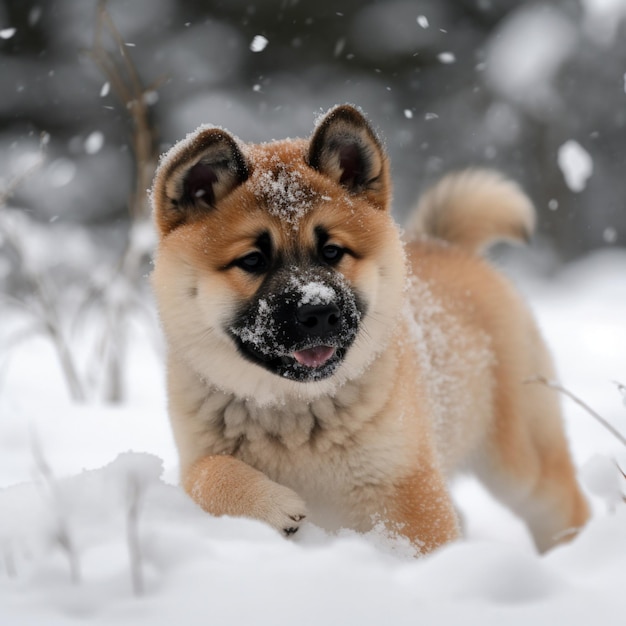 A brown and white dog is playing in the snow.