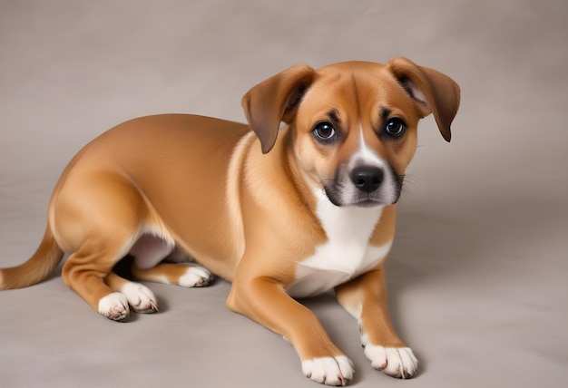 a brown and white dog laying on a gray background