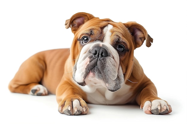 a brown and white dog laying on a white background with a white background