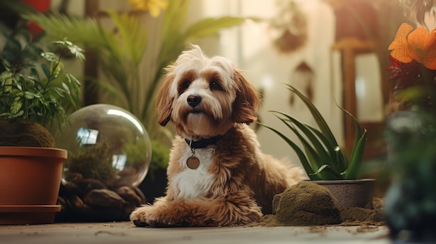 Brown and White Dog Sitting Next to Potted Plant