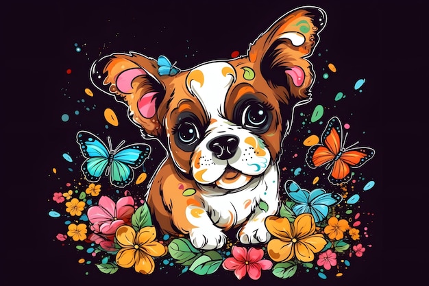 Brown and white dog sitting on top of field of flowers and butterflies Generative AI