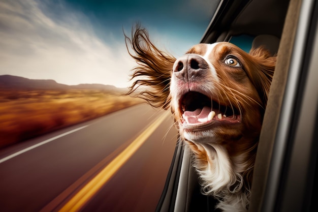 Brown and white dog sticking its head out of the window of car Generative AI