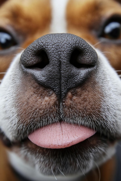 Photo brown and white dog sticking out tongue showing nose