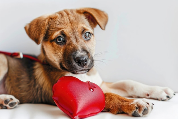 Photo a brown and white dog wearing a red heart accessory great for use in illustrations about love friendship or emotional connections