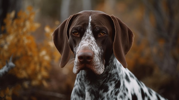 A brown and white dog with a black and white markings sits in a forest.