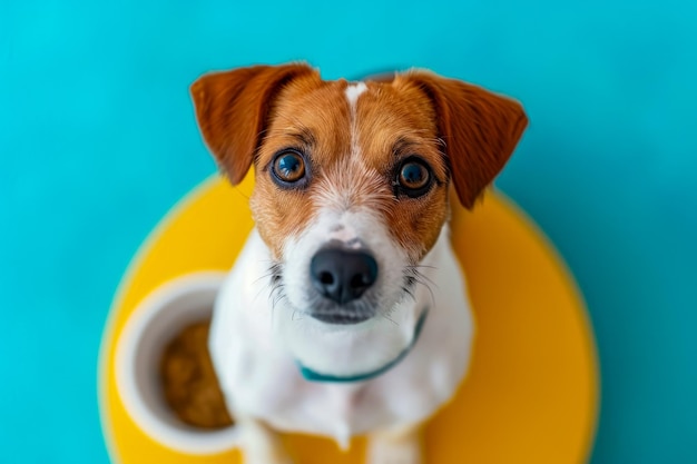 Brown and white dog with green collar sits in front of yellow bowl Generative AI