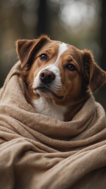 Photo a brown and white dog wrapped up in a blanket