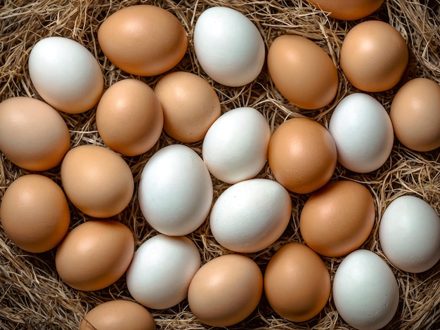 Brown and White Eggs Nestled in Straw