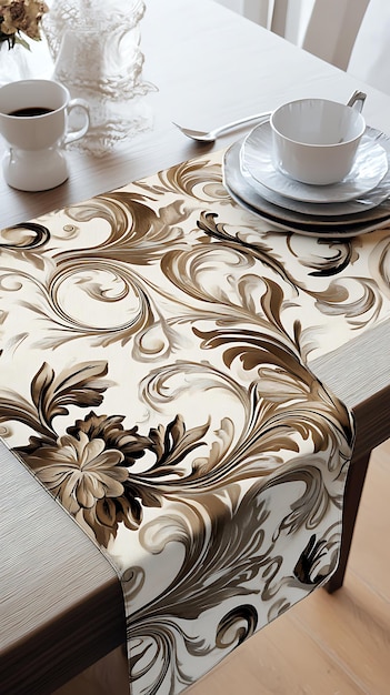 Brown and White Floral Table Runner on Wooden Table