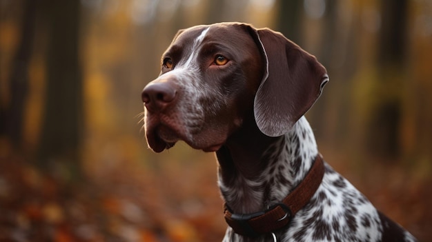 A brown and white german shorthaired pointer sits in a forest.