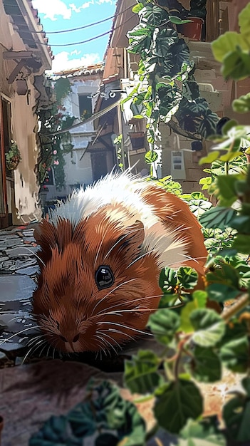 a brown and white guinea pig with a black eye and white fur