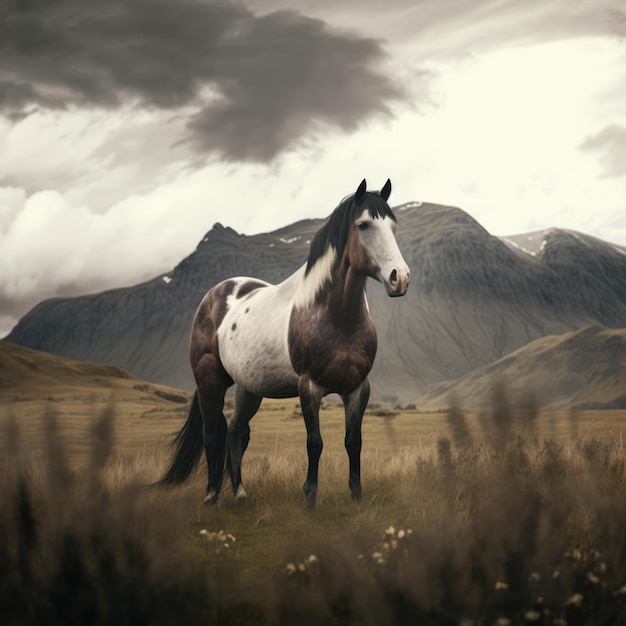 Brown and white horse standing in field created using generative ai technology