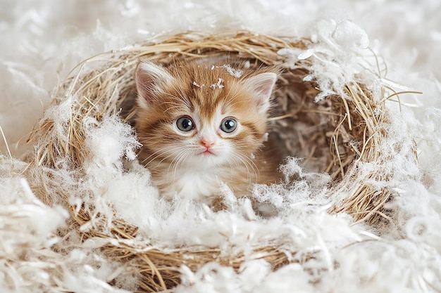 Photo a brown and white kitten is looking into a nest with a white fluffy sheet of feathers