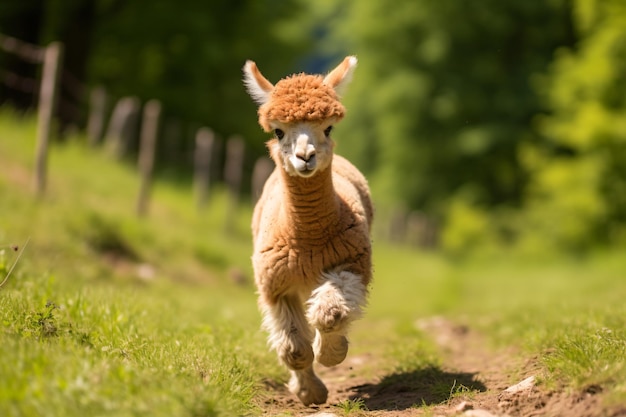 a brown and white llama running on a dirt road