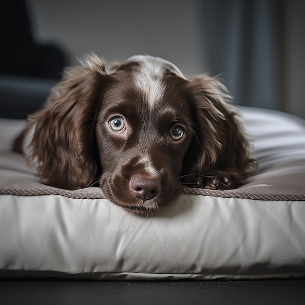 Brown And White Puppy Resting On A Dog Bed