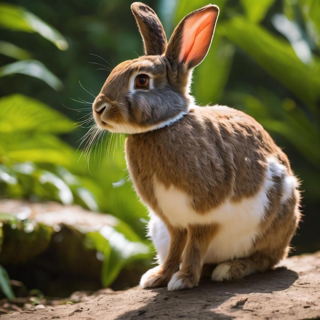 A brown and white rabbit perched on a rock