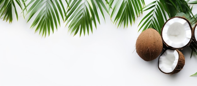 Photo brown whole coconut half and green leaf copy space white background ai generated