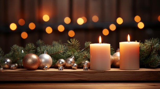 brown wood board with christmastree branches