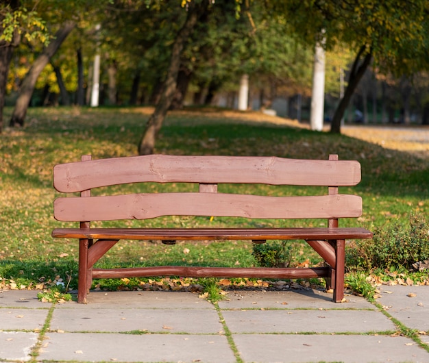 Brown wooden bench in city park 