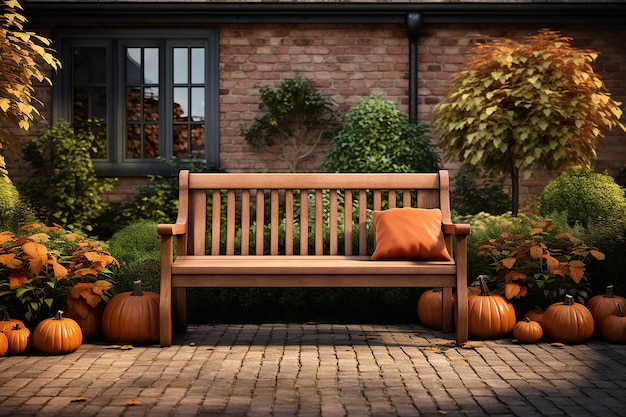 Brown Wooden Bench with Pumpkins in Park Near Home at Autumn Fall Season