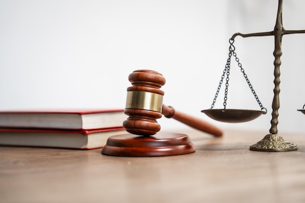 A brown wooden desk in a courtroom symbolizes authority and legal proceedings It serves as a platform for lawyers to pursue justice balancing equality and delivering judgments in the legal system