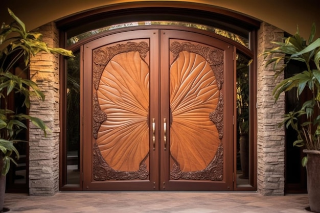 Brown wooden entry door Double front door with a secured front entrance Generative AI