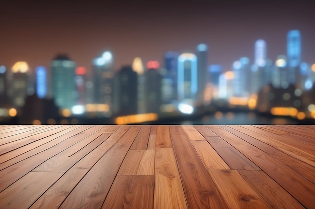 Brown wooden floor with blur building cityscape backgrounds for display products